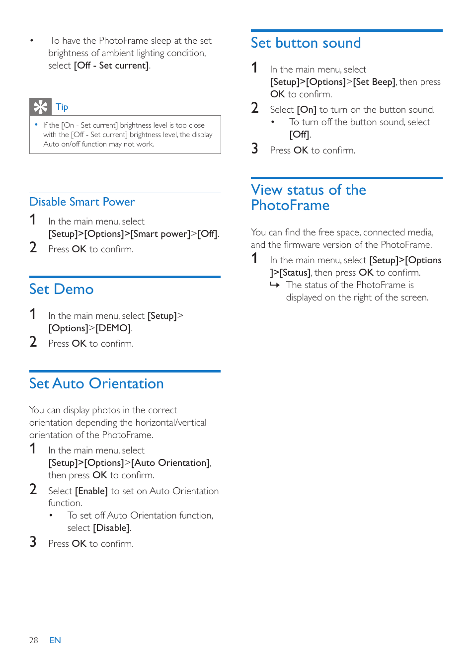 Set button sound 1, View status of the photoframe, Set demo 1 | Set auto orientation | Philips 10FF3CMI-37 User Manual | Page 27 / 34