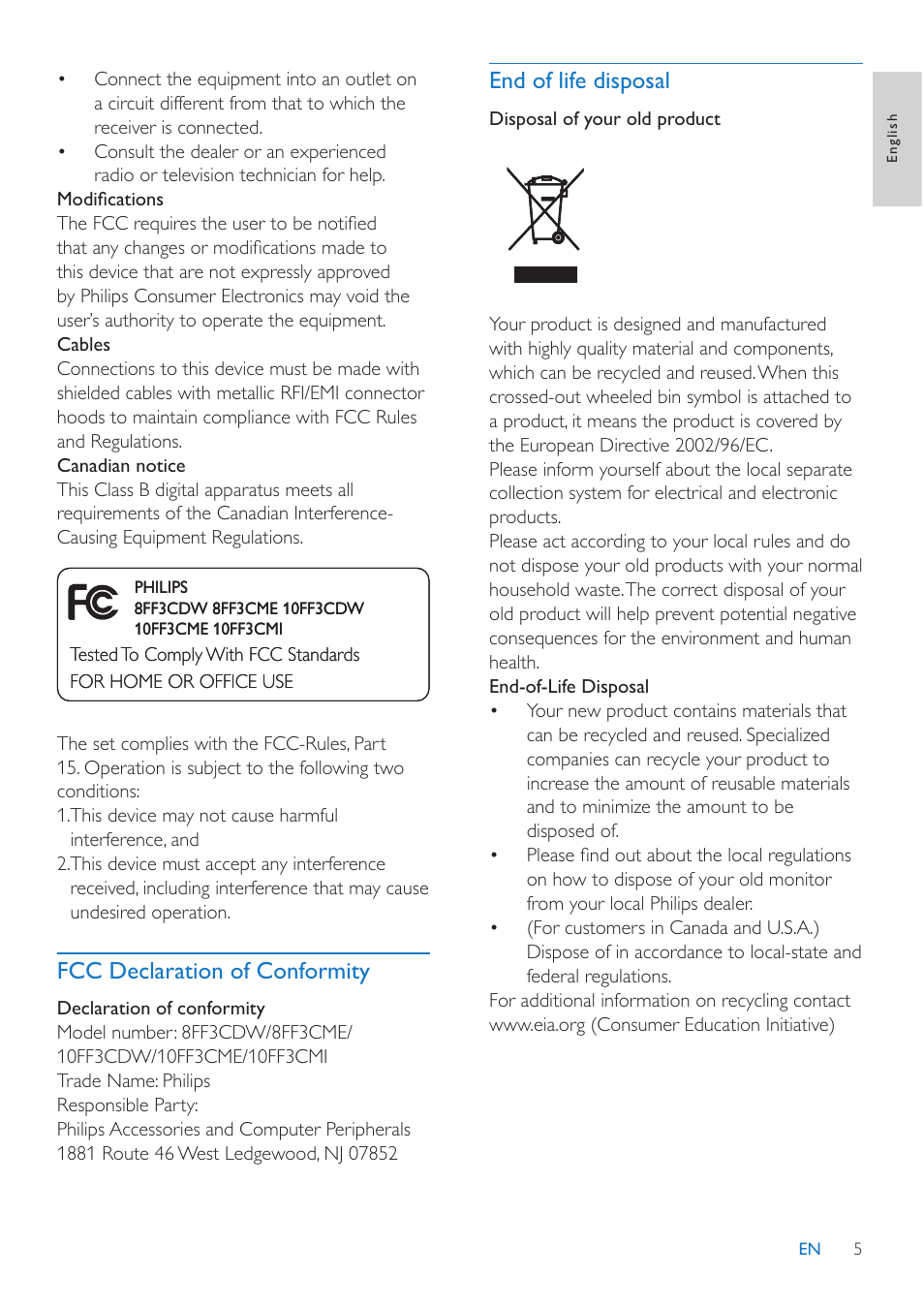 End of life disposal, Fcc declaration of conformity | Philips 10FF3CMI-37 User Manual | Page 4 / 34