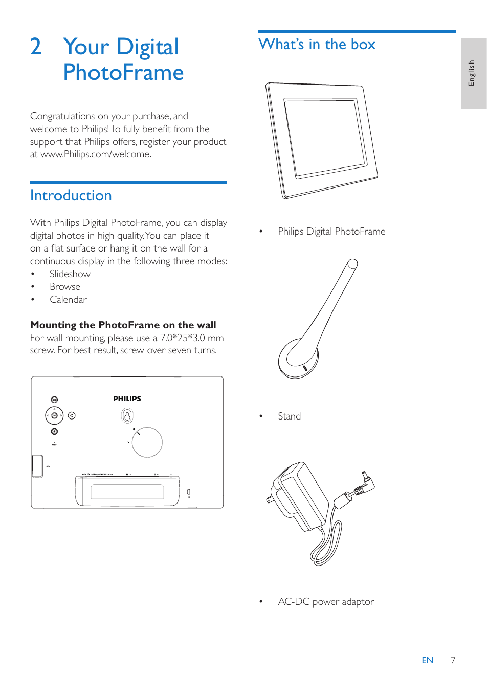 2 your digital photoframe, What’s in the box, Introduction | Philips 10FF3CMI-37 User Manual | Page 6 / 34