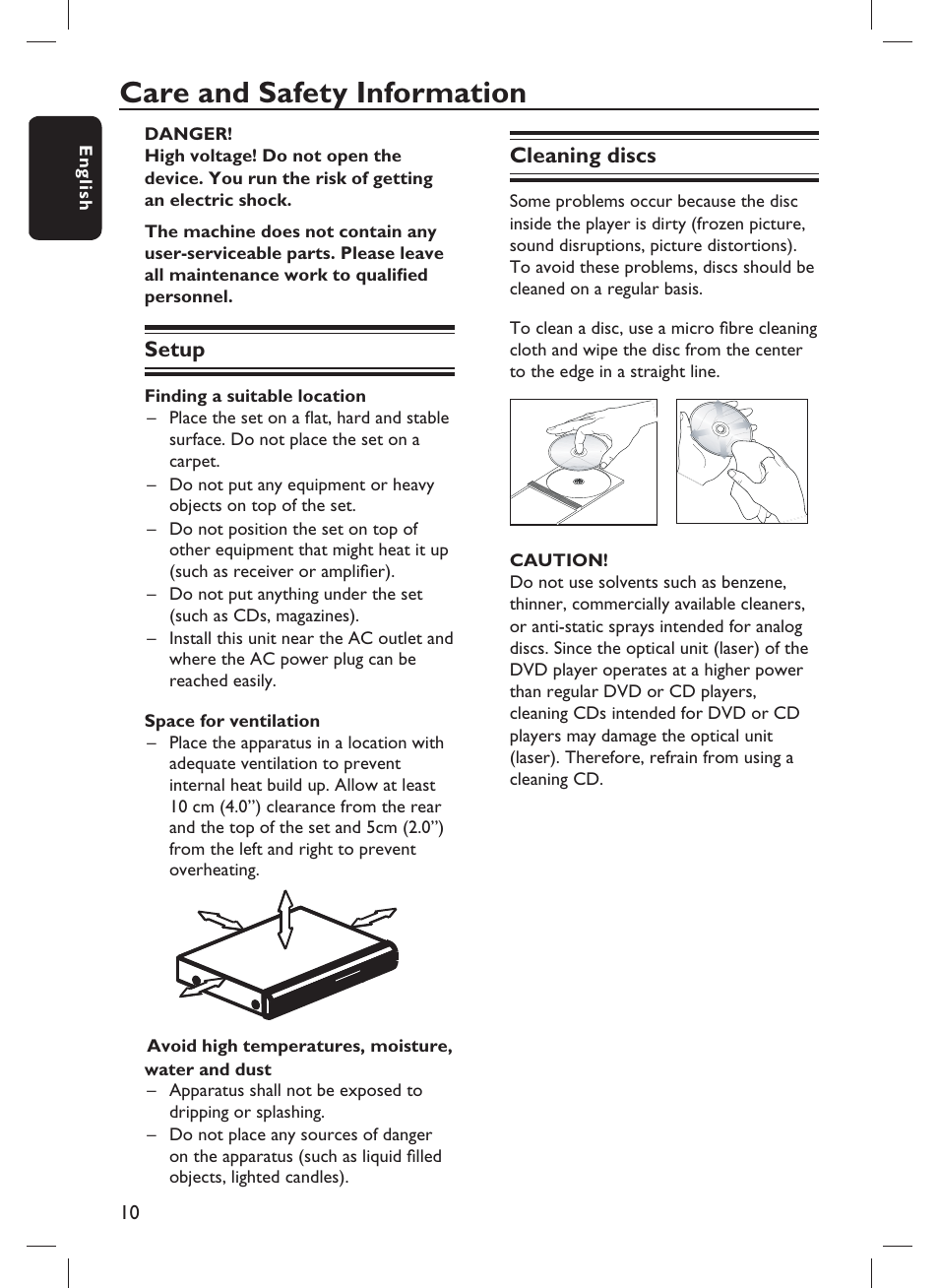 Care and safety information, Setup, Cleaning discs | Philips DVP1013-F7E User Manual | Page 10 / 42