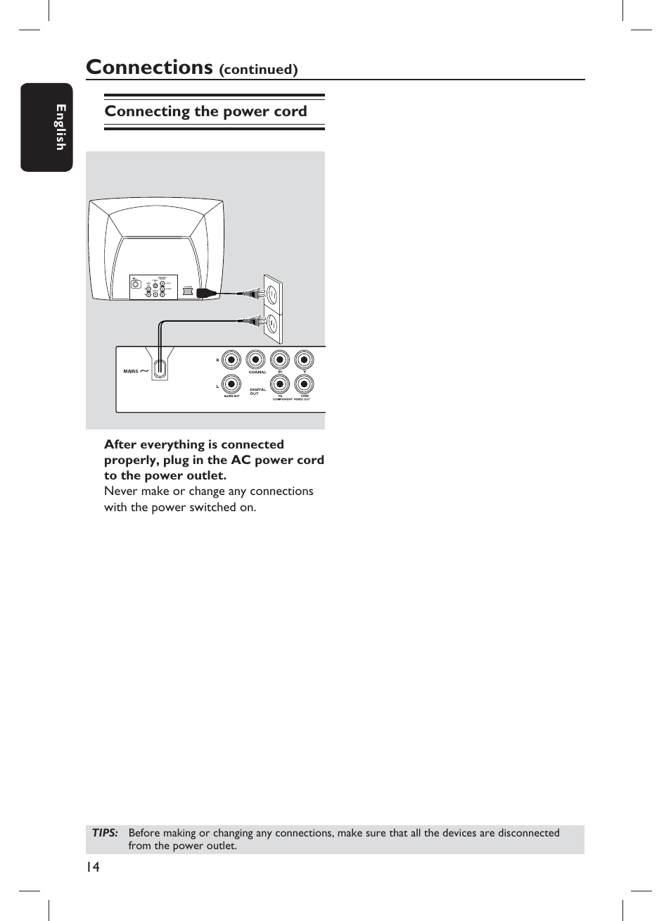 Connections, Connecting the power cord, Continued) | Eng li sh | Philips DVP1013-F7E User Manual | Page 14 / 42