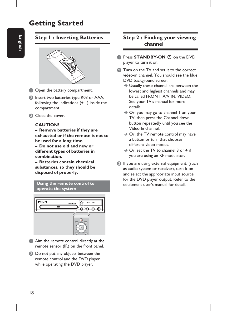 Getting started, Step 1 : inserting batteries, Step 2 : finding your viewing channel | Philips DVP1013-F7E User Manual | Page 18 / 42