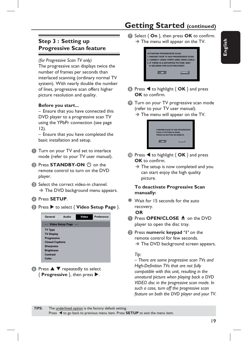 Getting started, Step 3 : setting up progressive scan feature, Continued) | Philips DVP1013-F7E User Manual | Page 19 / 42