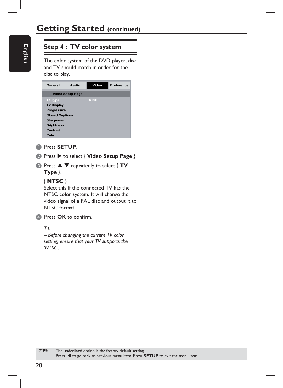 Getting started, Step 4 : tv color system, Continued) | Philips DVP1013-F7E User Manual | Page 20 / 42