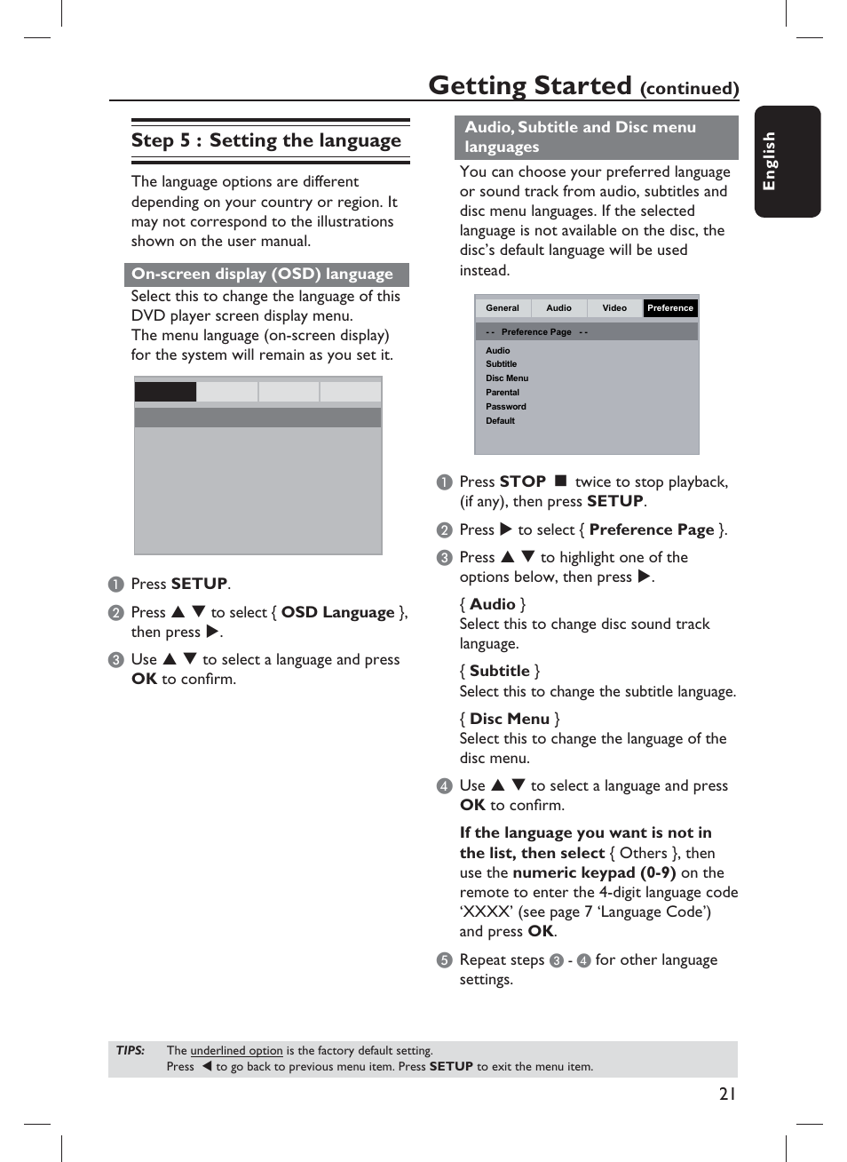 Getting started, Step 5 : setting the language, Continued) | Philips DVP1013-F7E User Manual | Page 21 / 42