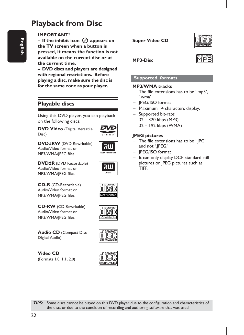 Playback from disc, Playable discs | Philips DVP1013-F7E User Manual | Page 22 / 42