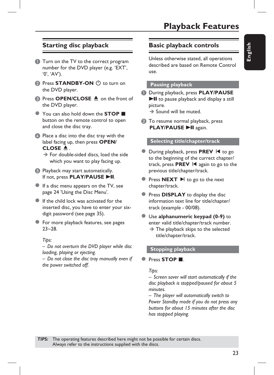 Playback features, Starting disc playback, Basic playback controls | Philips DVP1013-F7E User Manual | Page 23 / 42