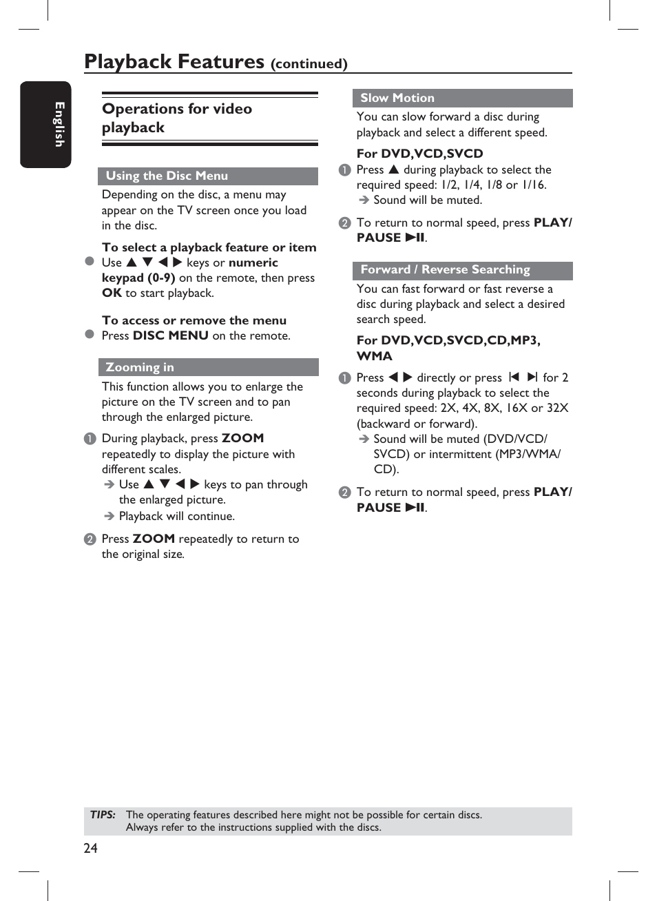 Playback features, Operations for video playback | Philips DVP1013-F7E User Manual | Page 24 / 42