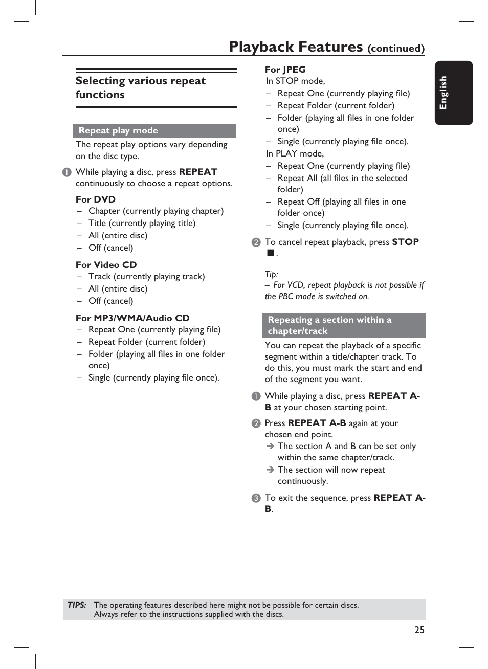 Playback features, Selecting various repeat functions | Philips DVP1013-F7E User Manual | Page 25 / 42