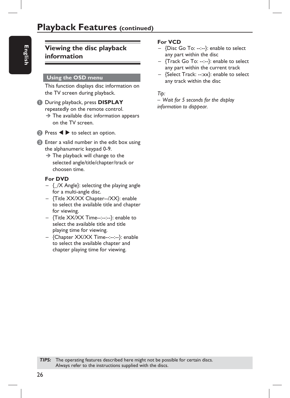 Playback features, Viewing the disc playback information | Philips DVP1013-F7E User Manual | Page 26 / 42