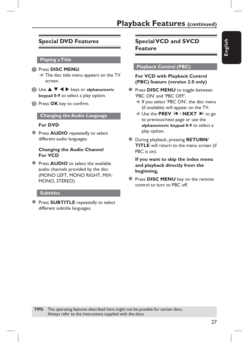 Playback features, Special vcd and svcd feature, Special dvd features | Philips DVP1013-F7E User Manual | Page 27 / 42