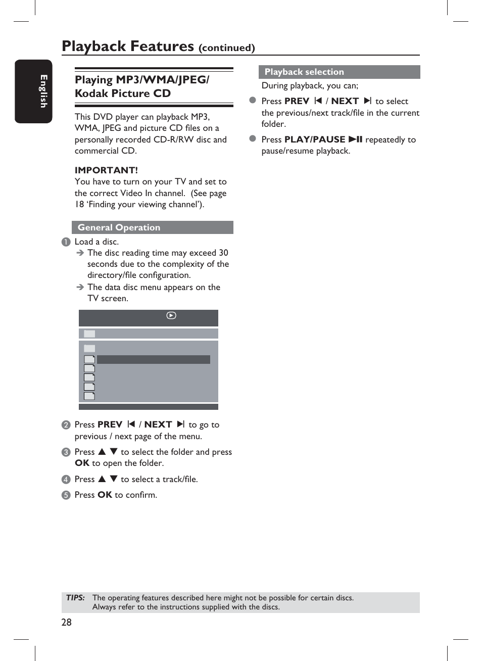 Playback features, Playing mp3/wma/jpeg/ kodak picture cd, Continued) | Philips DVP1013-F7E User Manual | Page 28 / 42