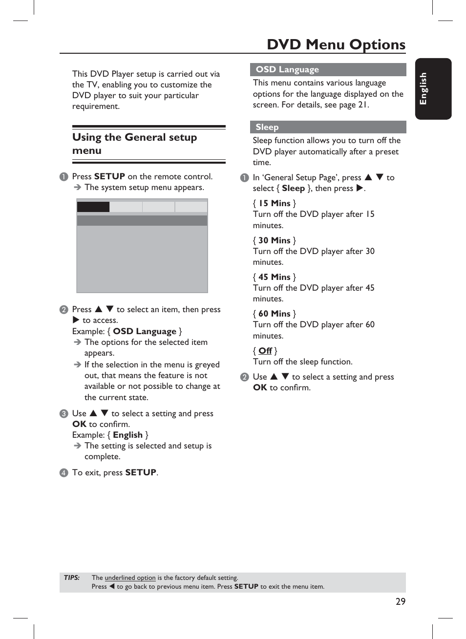 Dvd menu options, Using the general setup menu | Philips DVP1013-F7E User Manual | Page 29 / 42