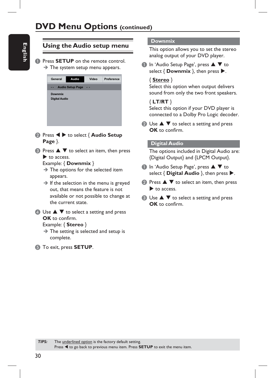 Dvd menu options, Using the audio setup menu | Philips DVP1013-F7E User Manual | Page 30 / 42