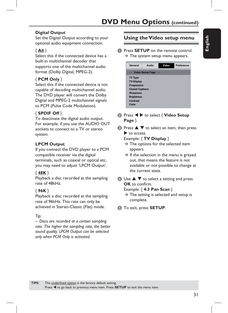 Dvd menu options, Using the video setup menu, Continued) | Philips DVP1013-F7E User Manual | Page 31 / 42