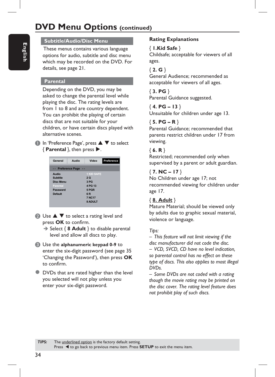 Dvd menu options, Continued) | Philips DVP1013-F7E User Manual | Page 34 / 42