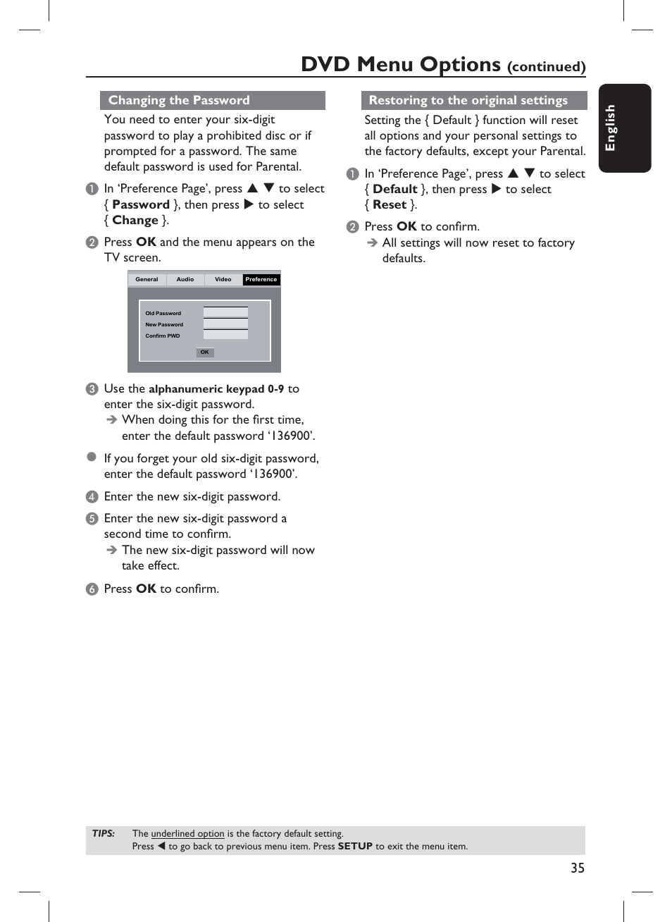 Dvd menu options, Continued) | Philips DVP1013-F7E User Manual | Page 35 / 42