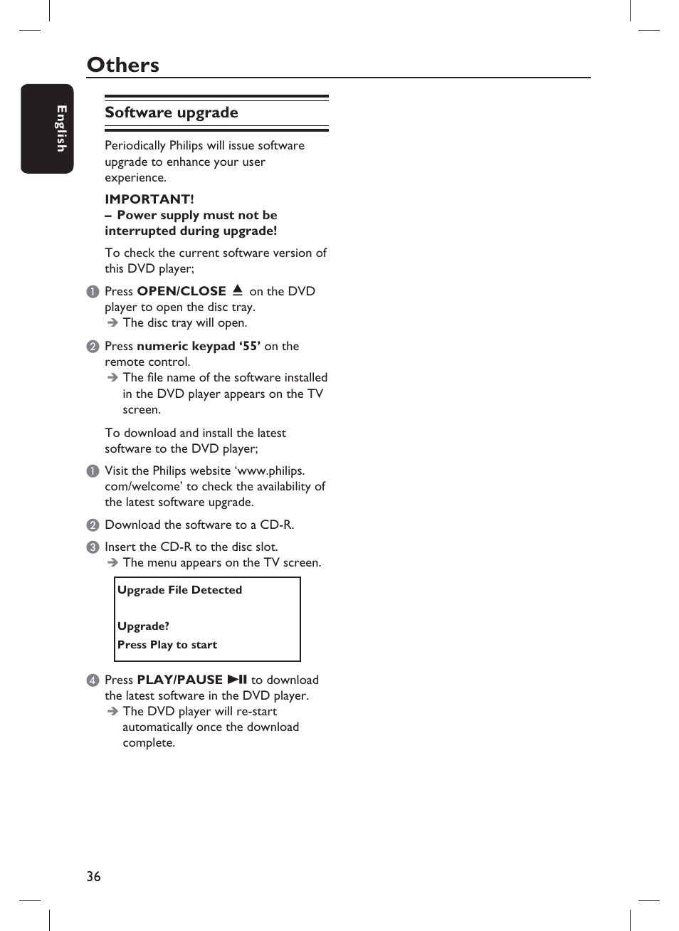 Others, Software upgrade | Philips DVP1013-F7E User Manual | Page 36 / 42