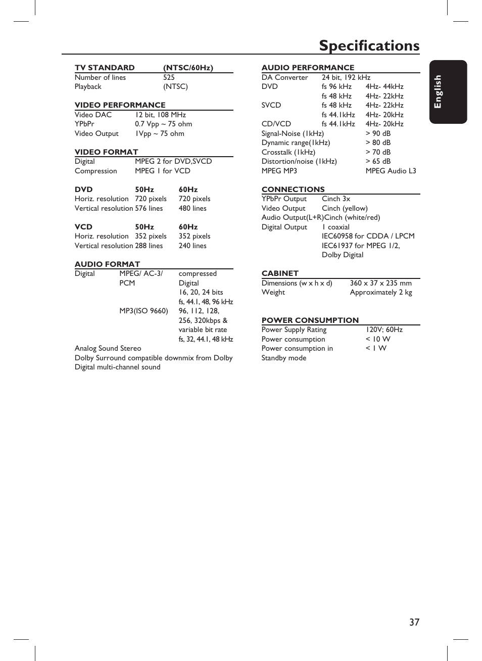 Specifi cations | Philips DVP1013-F7E User Manual | Page 37 / 42