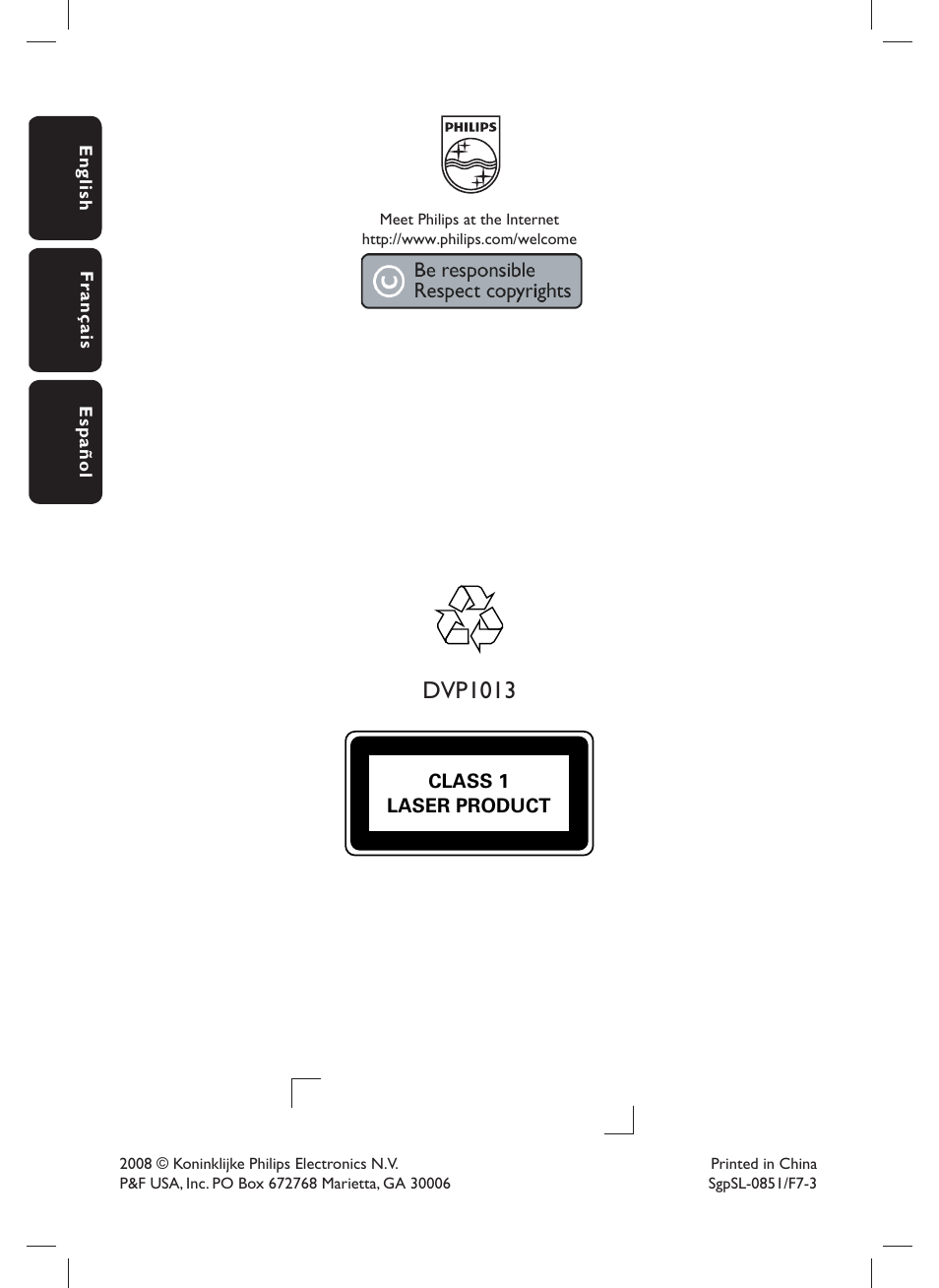 Dvp1013, Philips consumer electronics | Philips DVP1013-F7E User Manual | Page 42 / 42