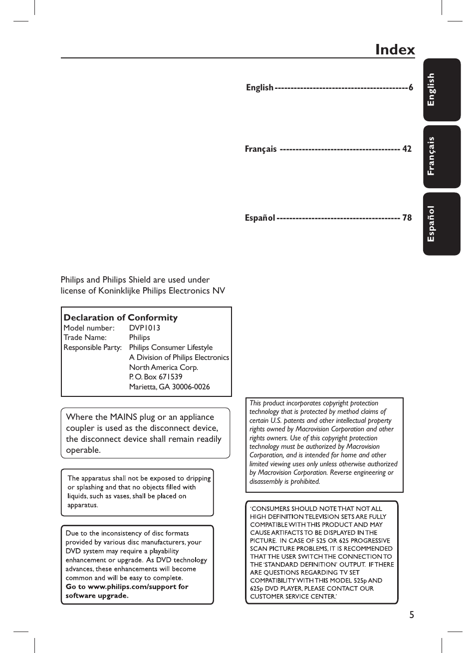 Index | Philips DVP1013-F7E User Manual | Page 5 / 42