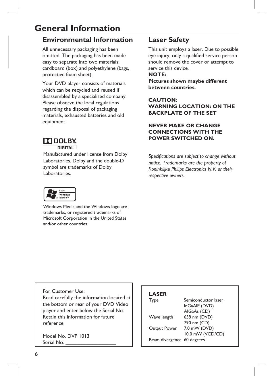 General information, Environmental information, Laser safety | Philips DVP1013-F7E User Manual | Page 6 / 42