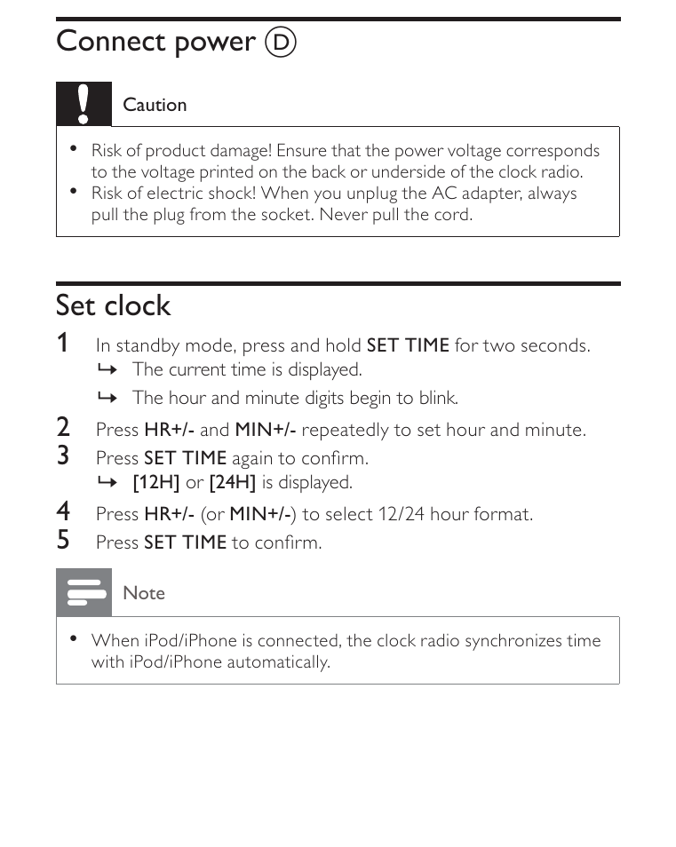 Connect power, Set clock | Philips AJ3270D-17 User Manual | Page 13 / 28