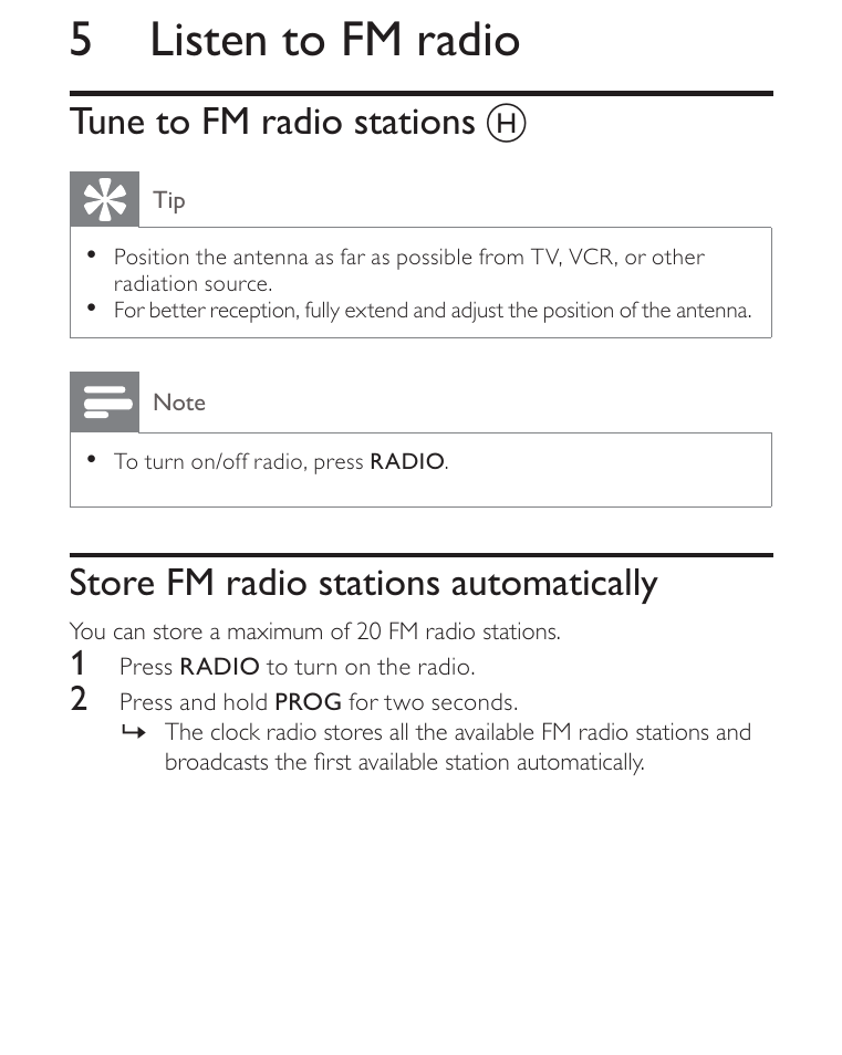 5 listen to fm radio, Tune to fm radio stations, Store fm radio stations automatically | Philips AJ3270D-17 User Manual | Page 16 / 28