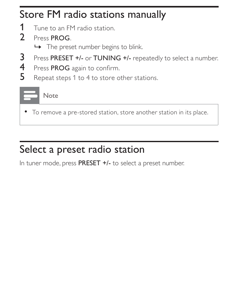 Store fm radio stations manually, Select a preset radio station | Philips AJ3270D-17 User Manual | Page 17 / 28