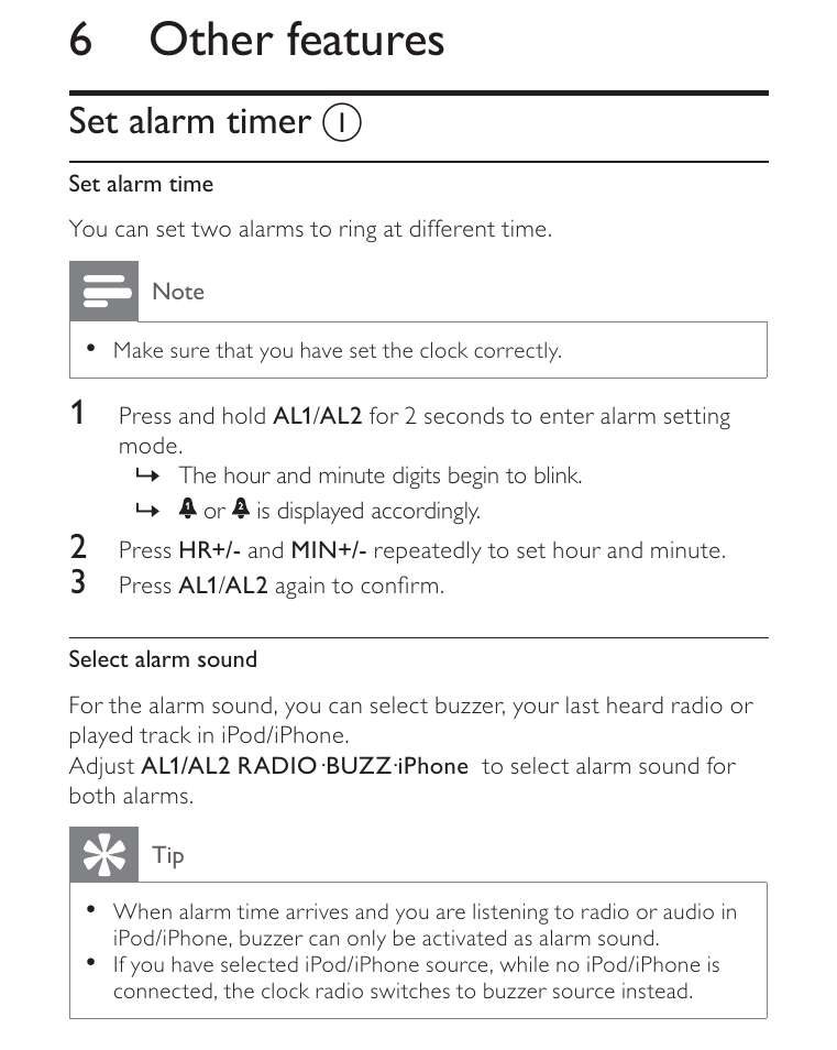6 other features, Set alarm timer | Philips AJ3270D-17 User Manual | Page 18 / 28