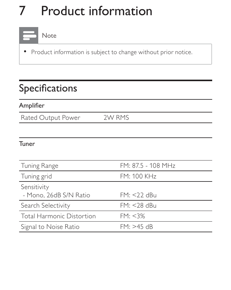 7 product information, 6shflàfdwlrqv | Philips AJ3270D-17 User Manual | Page 21 / 28