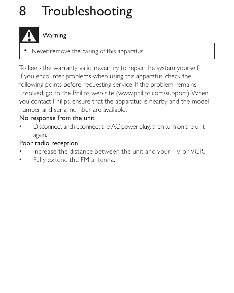 8 troubleshooting | Philips AJ3270D-17 User Manual | Page 23 / 28
