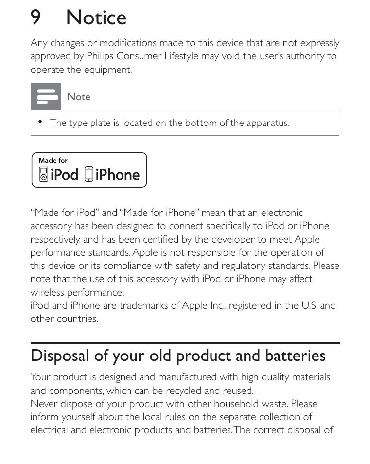 9 notice, Disposal of your old product and batteries | Philips AJ3270D-17 User Manual | Page 24 / 28