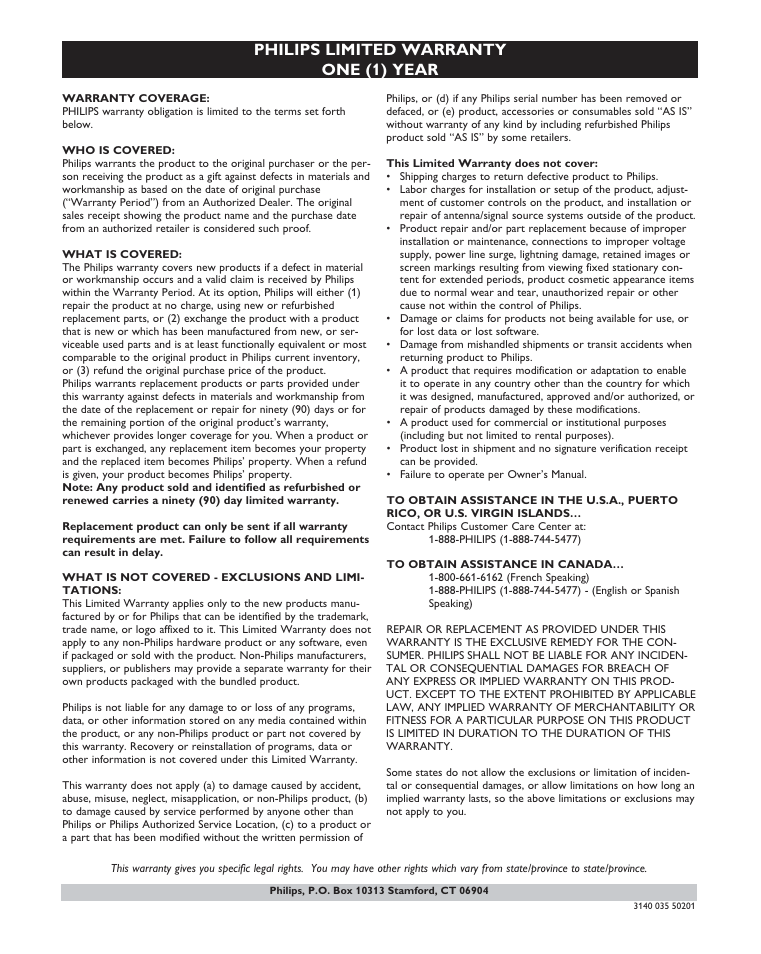 Philips limited warranty one (1) year | Philips AJ3270D-17 User Manual | Page 27 / 28