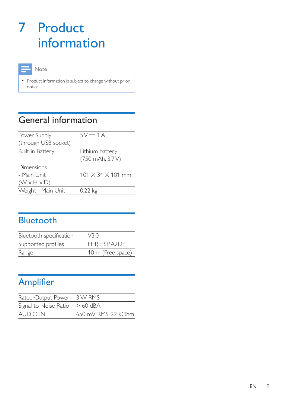 7 product information, General information, Bluetooth | Amplifier | Philips BT2500B-37 User Manual | Page 11 / 16