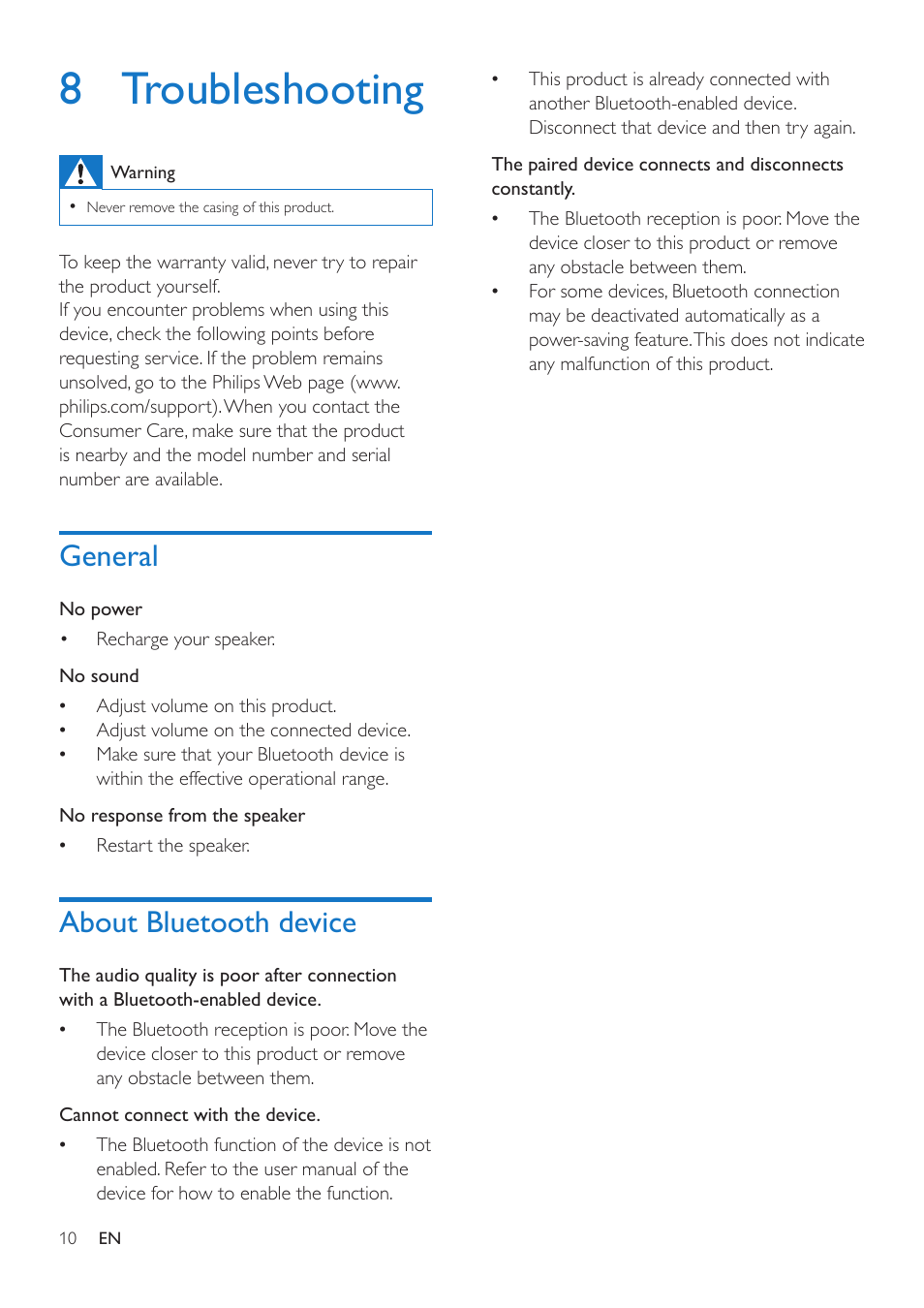 8 troubleshooting, General, About bluetooth device | Philips BT2500B-37 User Manual | Page 12 / 16