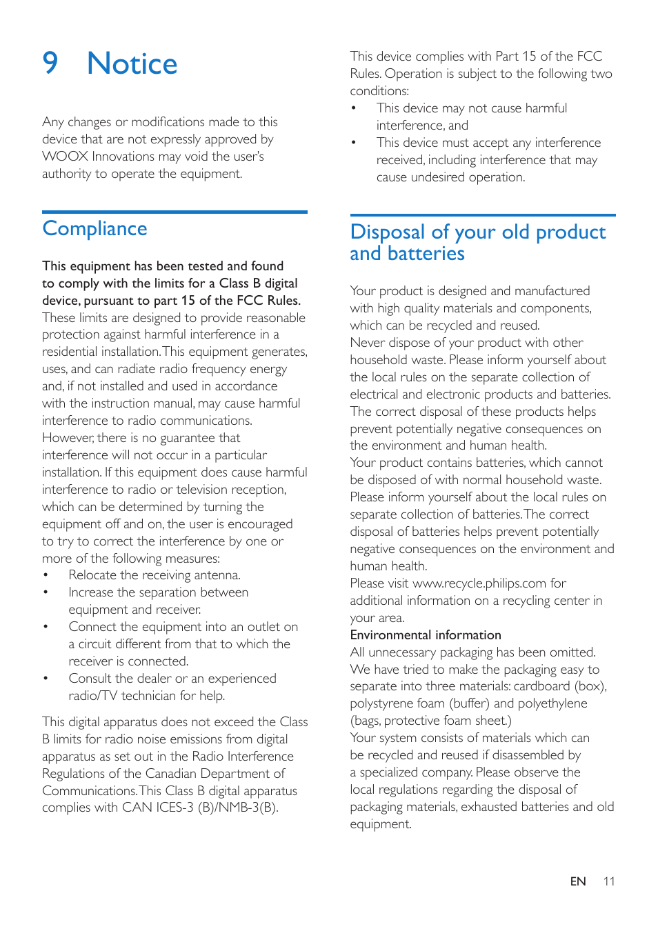 9 notice, Compliance, Disposal of your old product and batteries | Philips BT2500B-37 User Manual | Page 13 / 16