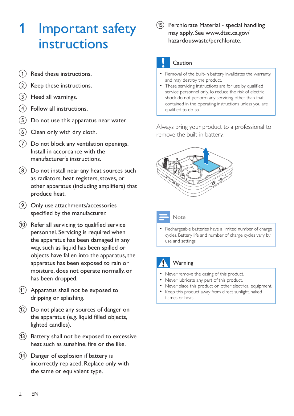 1 important safety instructions | Philips BT2500B-37 User Manual | Page 4 / 16