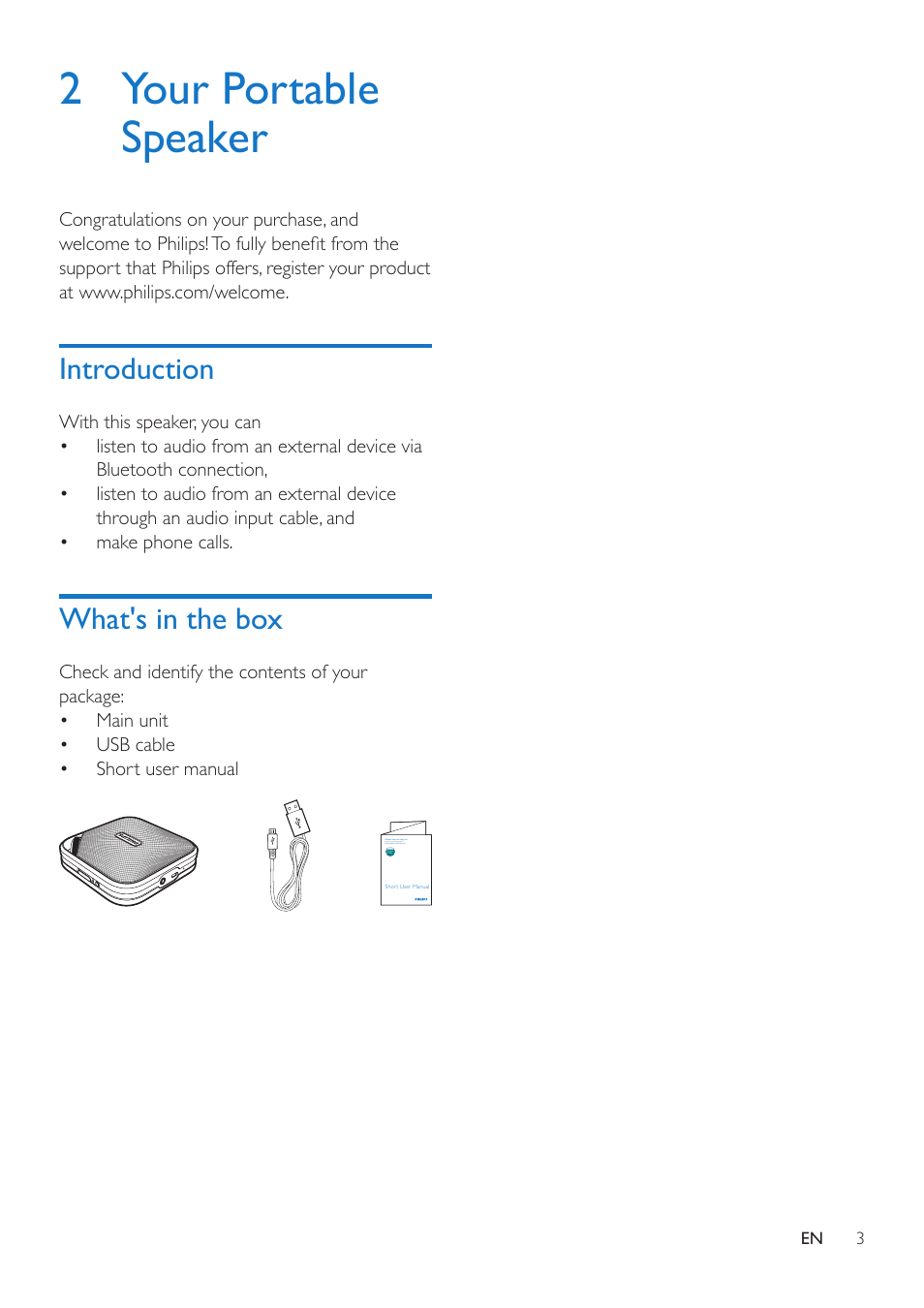 2 your portable speaker, Introduction, What's in the box | Philips BT2500B-37 User Manual | Page 5 / 16