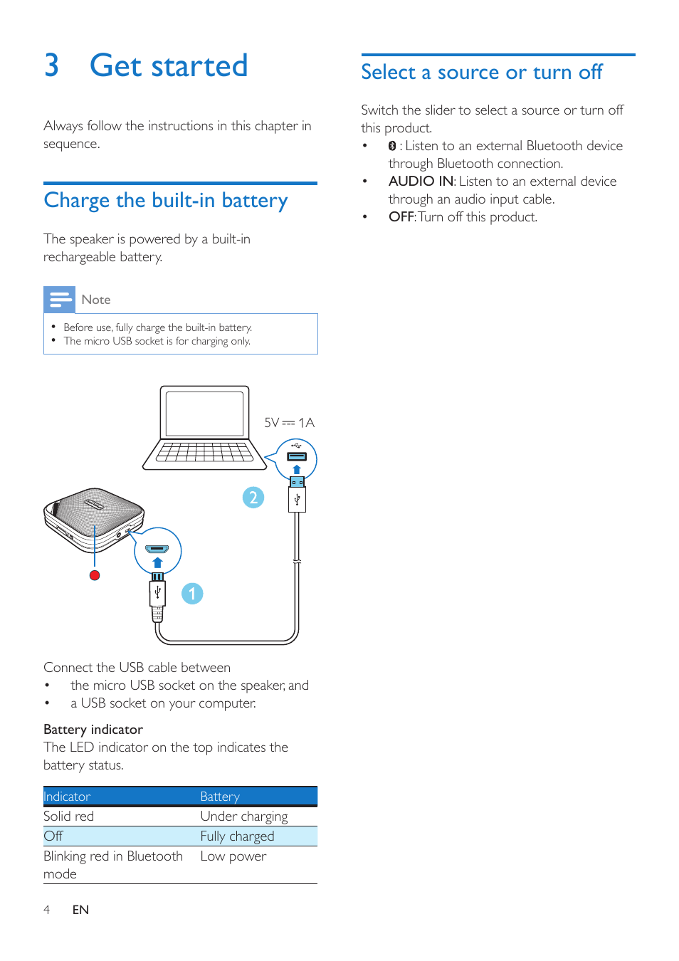 3 get started | Philips BT2500B-37 User Manual | Page 6 / 16