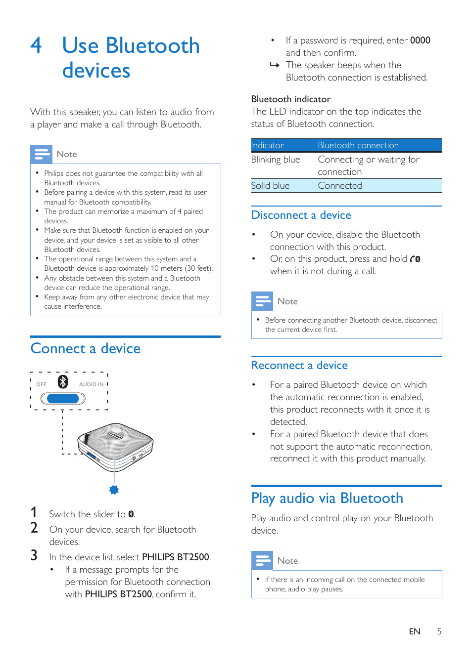 4 use bluetooth devices, Connect a device, Play audio via bluetooth | Philips BT2500B-37 User Manual | Page 7 / 16