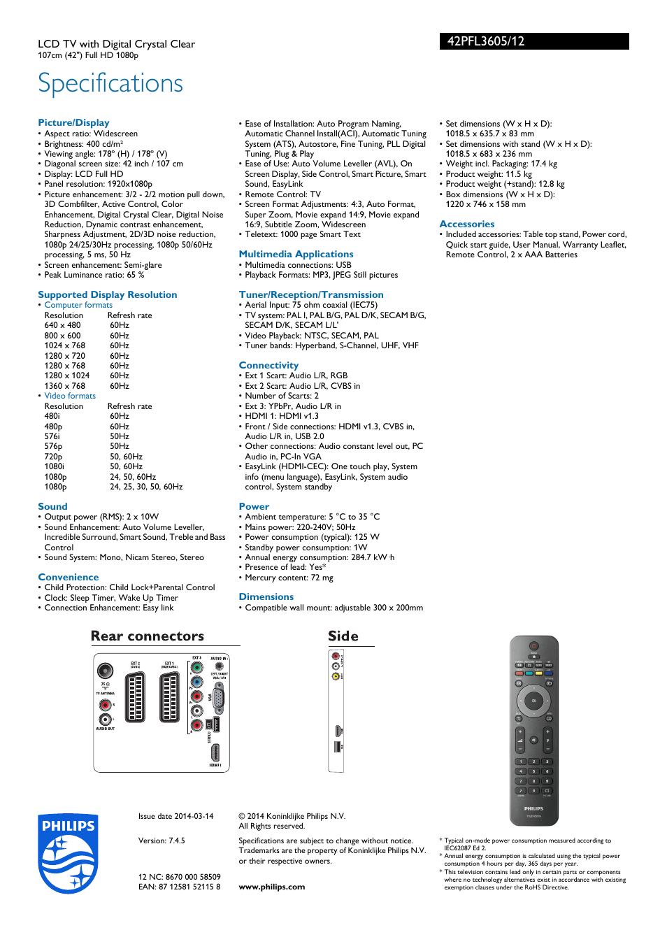 Specifications | Philips 42PFL3605-12 User Manual | Page 3 / 3