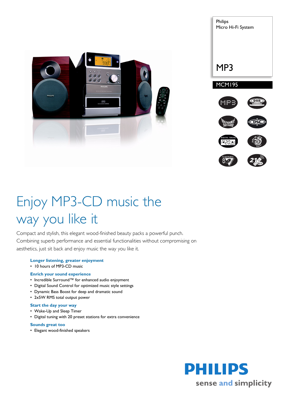 Philips Micro Hi-Fi System MCM195 MP3 User Manual | 2 pages