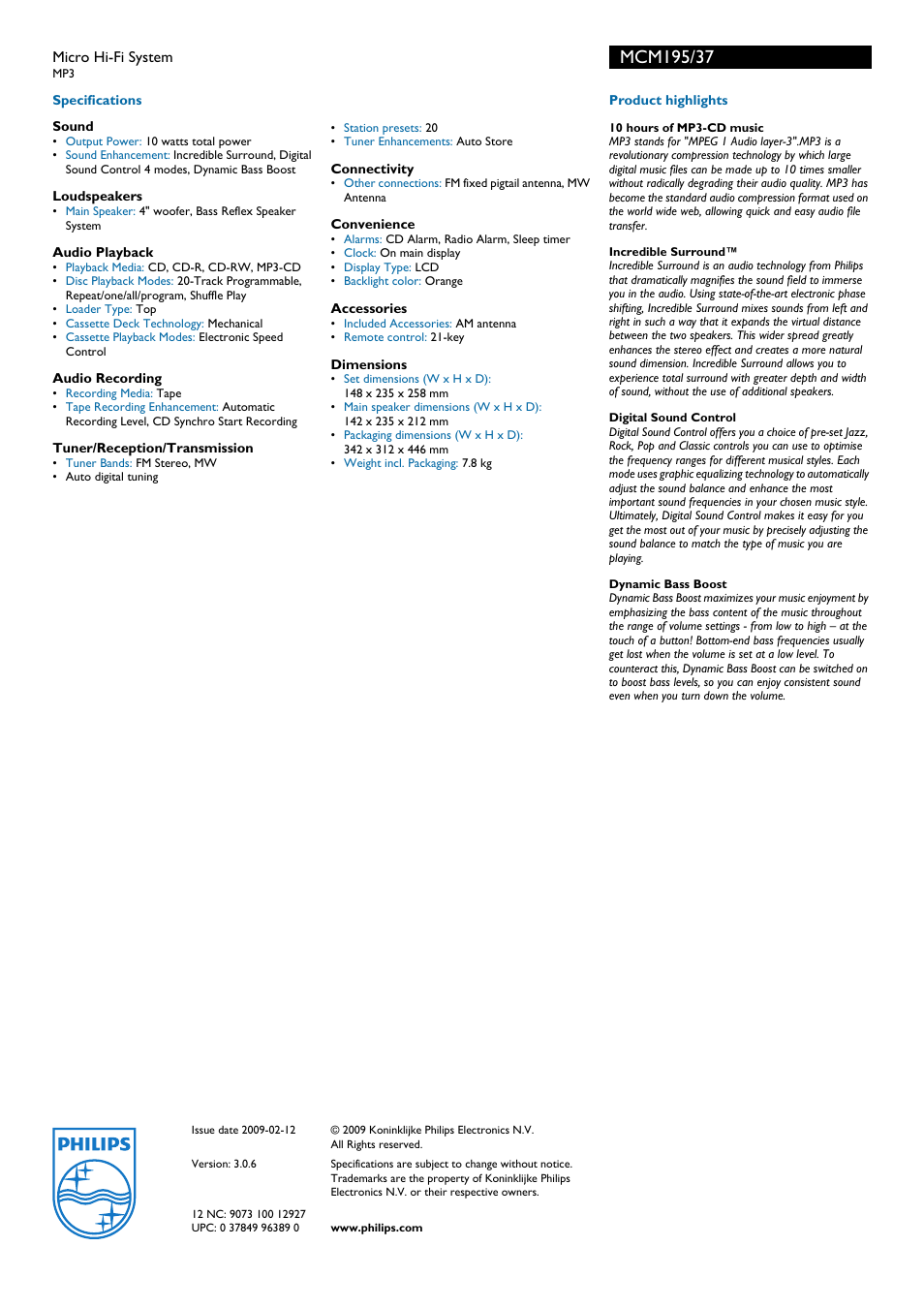 Philips Micro Hi-Fi System MCM195 MP3 User Manual | Page 2 / 2