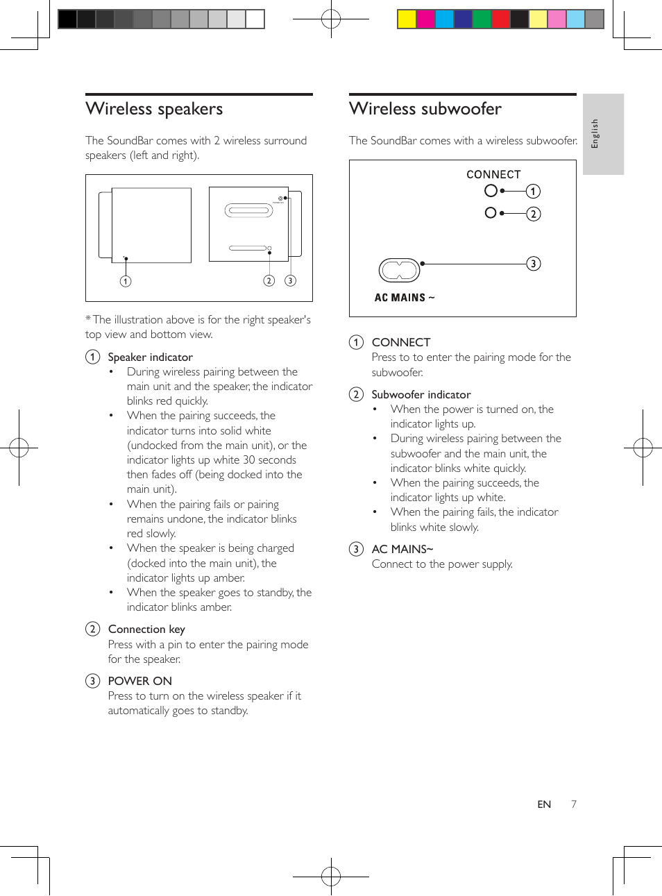 Rear connectors, Wireless speakers, Wireless subwoofer | Philips Fidelio SoundBar Home theater HTL7180 4.1 CH wireless surround sound Bluetooth® 2 HDMI In & HDMI out ARC Aluminium User Manual | Page 8 / 20