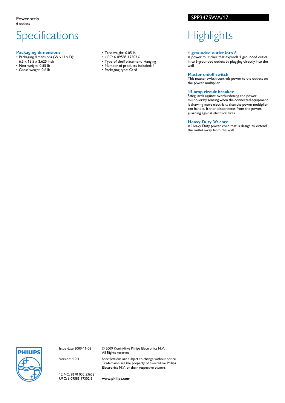 Specifications, Highlights | Philips SPP3475WA-17 User Manual | Page 2 / 2