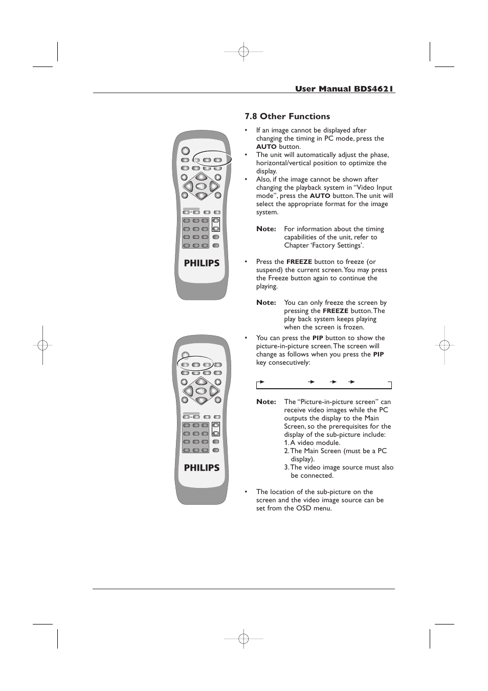 8 other functions, Auto, Freeze | Philips BDS4621-27 User Manual | Page 25 / 60