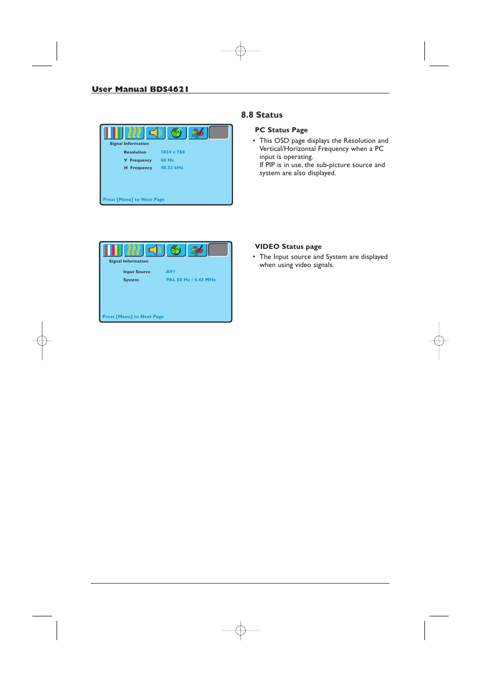 8 status | Philips BDS4621-27 User Manual | Page 32 / 60