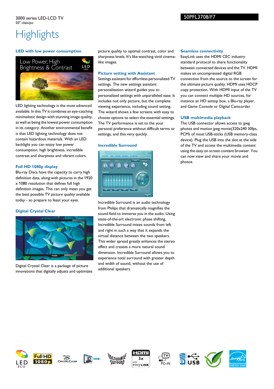 Highlights | Philips 50PFL3708-F7 User Manual | Page 2 / 3