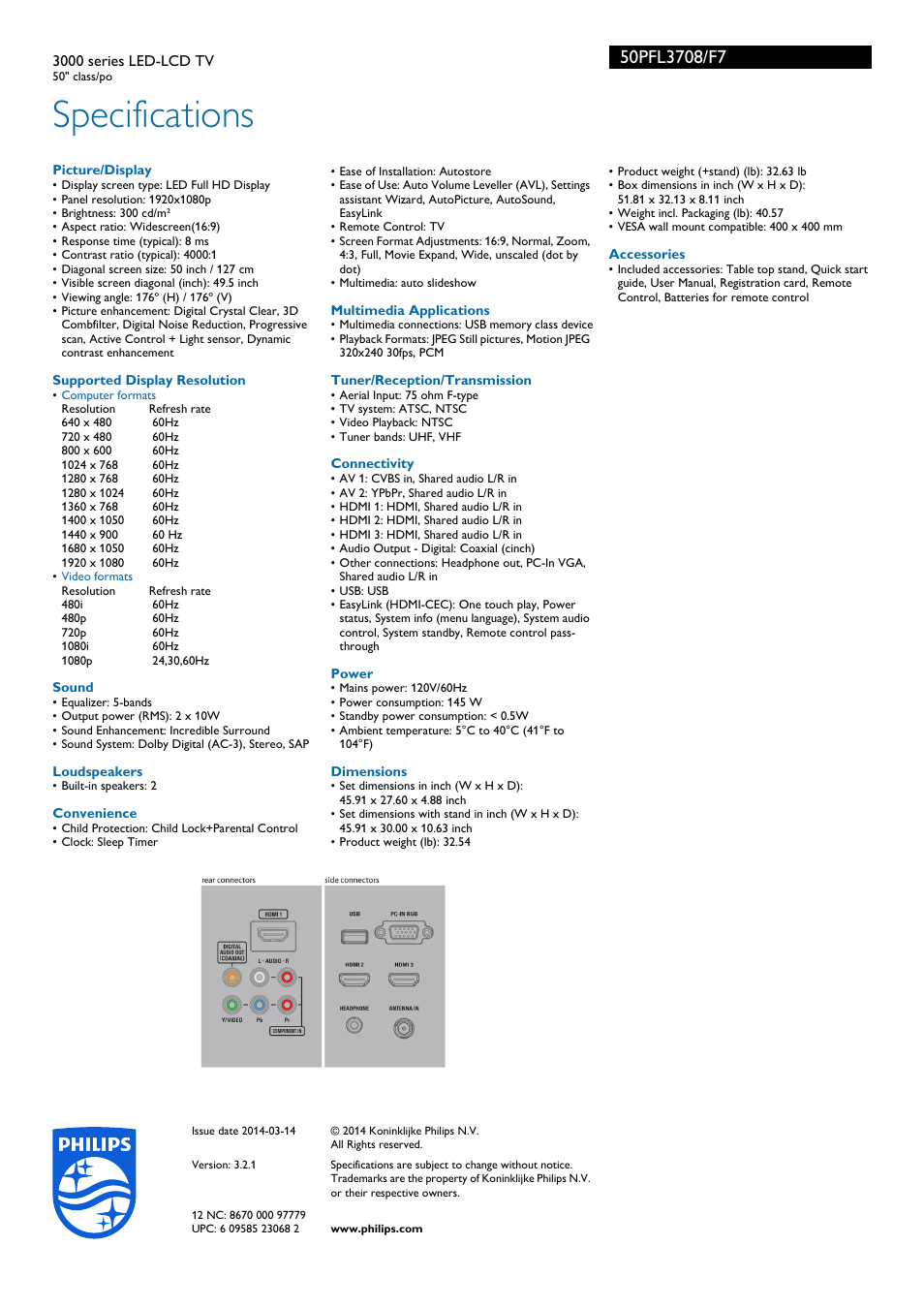 Specifications | Philips 50PFL3708-F7 User Manual | Page 3 / 3